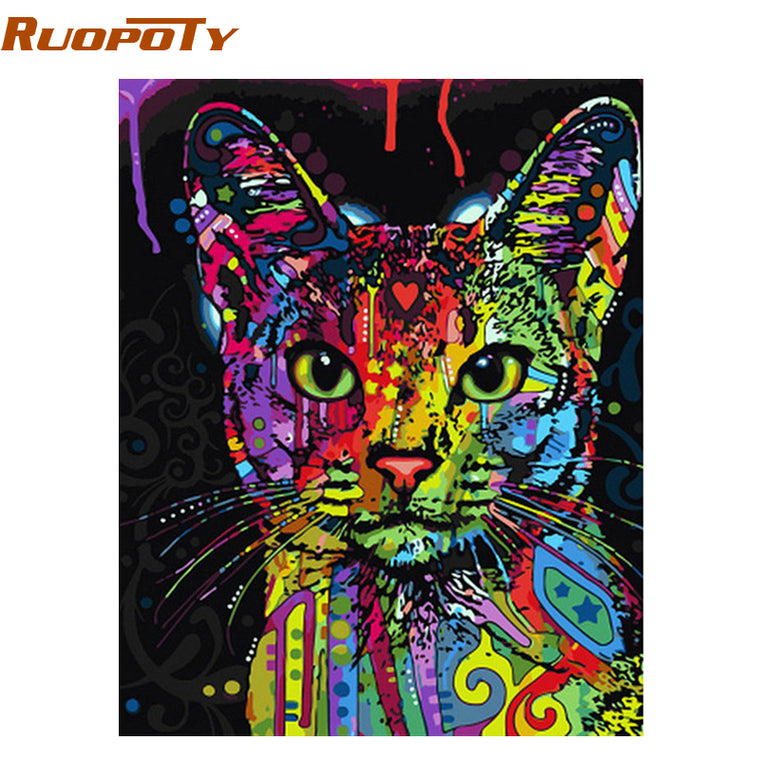 RUOPOTY Colorful Cat DIY Painting By Numbers Abstract Modern Wall Art Picture Kits Coloring Painting By Numbers For Home Decor