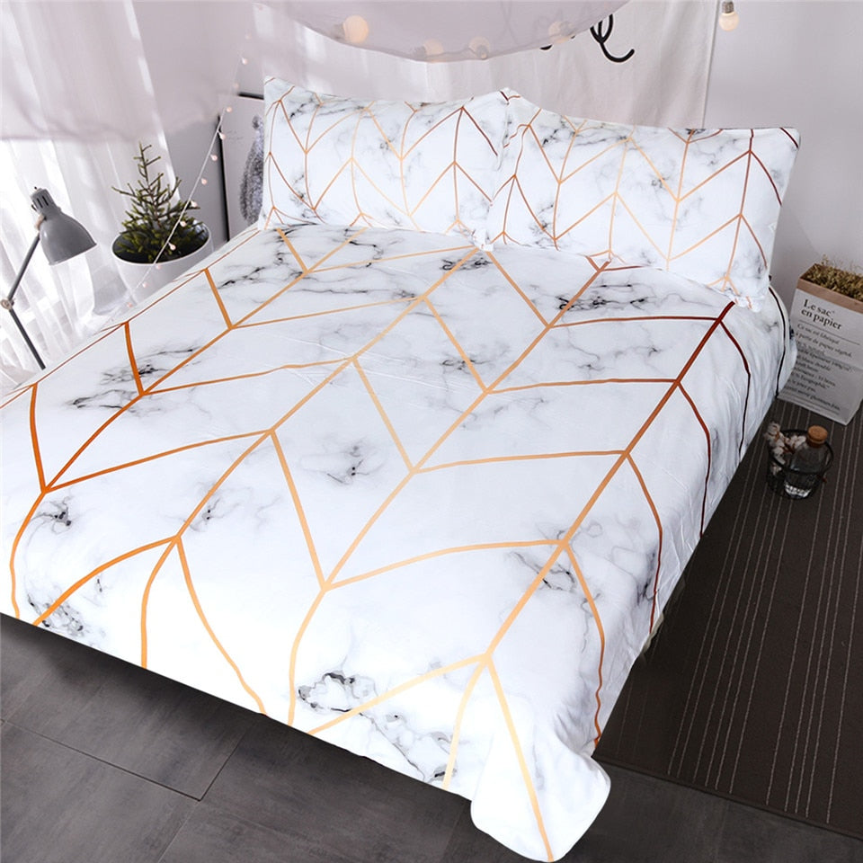 BlessLiving Marble Texture Bedding Set Black White Golden Duvet Cover Set 3-Piece Stylish Bed Cover Nature Inspired Bedclothes