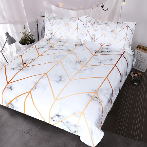 BlessLiving Marble Texture Bedding Set Black White Golden Duvet Cover Set 3-Piece Stylish Bed Cover Nature Inspired Bedclothes