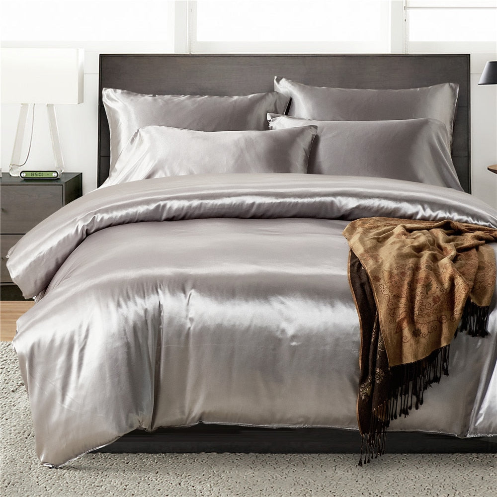 2pcs/3Pcs/4pcs Nordic Style Silk Bedding Set Queen Size Satin Grey Duvet Cover Solid Color Set Simple Beautiful Bedclothes