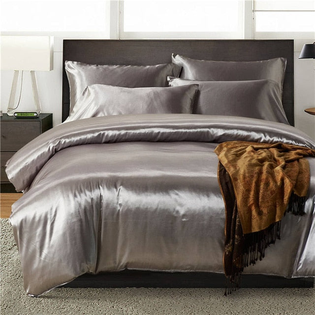 2pcs/3Pcs/4pcs Nordic Style Silk Bedding Set Queen Size Satin Grey Duvet Cover Solid Color Set Simple Beautiful Bedclothes