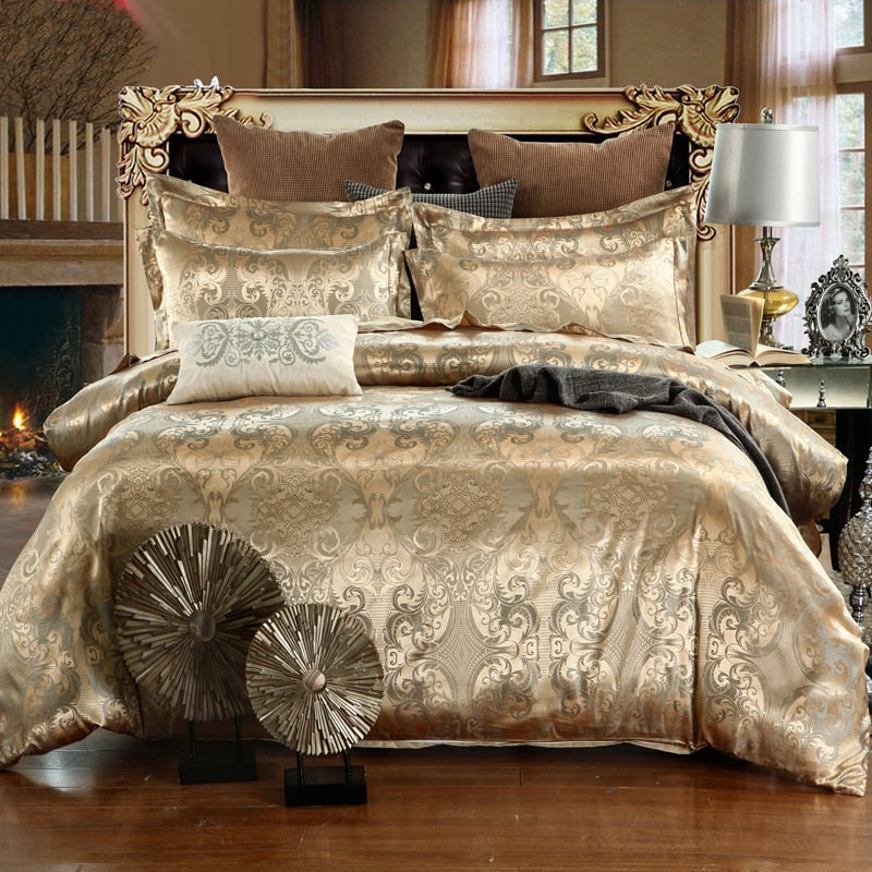 2019 NEW Jacquard Bedlinen Queen King Size Duvet cover Set Imitation Silk Cotton Bedding Sets Luxury Gold Colour2/3/4pcs