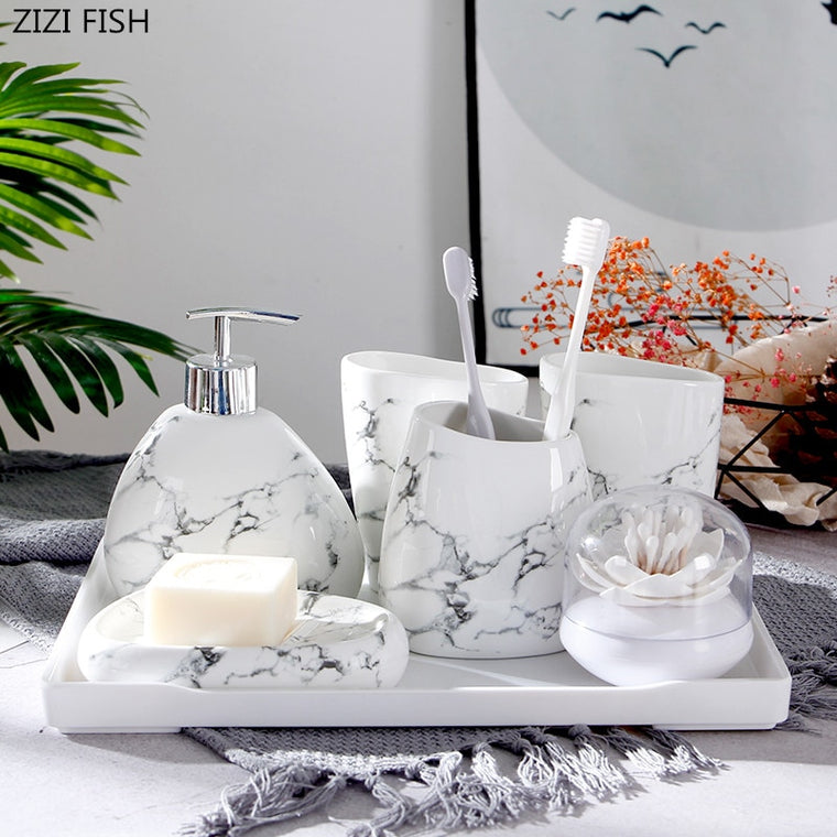 6pcs/set Imitation marble ceramics Bathroom Accessories Set Soap Dispenser/Toothbrush Holder/Tumbler/Soap Dish Bathroom Products