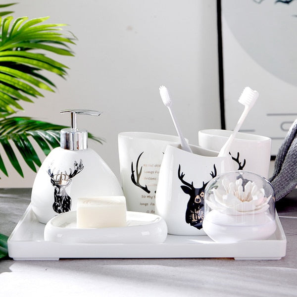 6pcs/set Imitation marble ceramics Bathroom Accessories Set Soap Dispenser/Toothbrush Holder/Tumbler/Soap Dish Bathroom Products