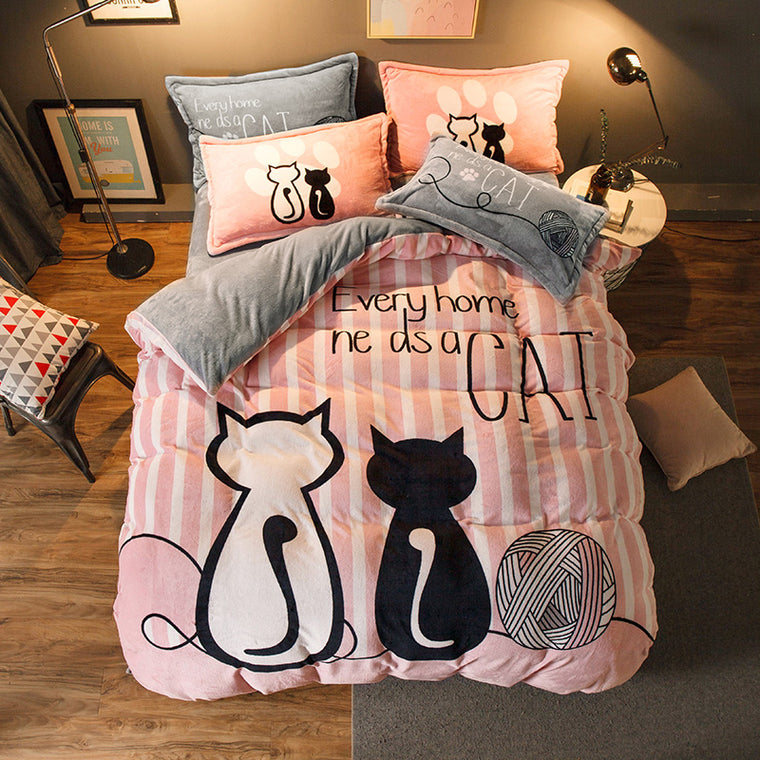 Luxury Bedding Set Flannel Cartoon Pink Cat Duvet Cover Set Queen Size Bed Linen Valentine Cute Bed Sheet Kids Bedding