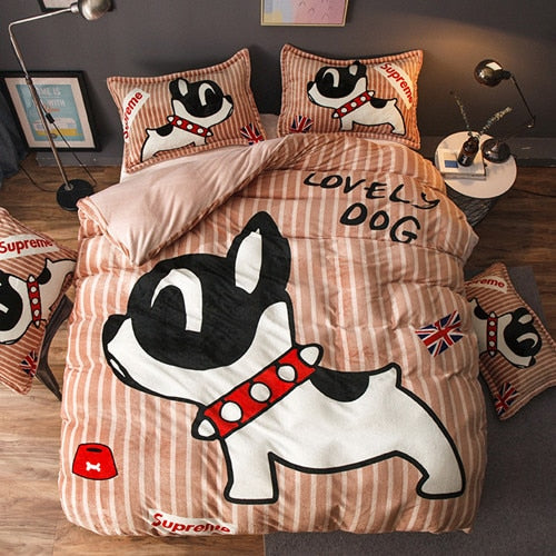 Luxury Bedding Set Flannel Cartoon Pink Cat Duvet Cover Set Queen Size Bed Linen Valentine Cute Bed Sheet Kids Bedding