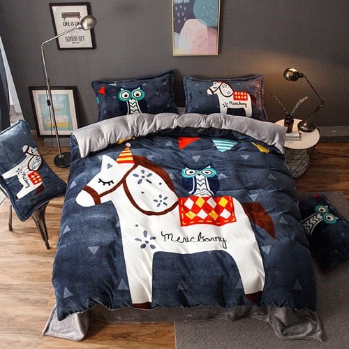 Luxury Bedding Set Flannel Cartoon Pink Cat Duvet Cover Set Queen Size Bed Linen Valentine Cute Bed Sheet Kids Bedding