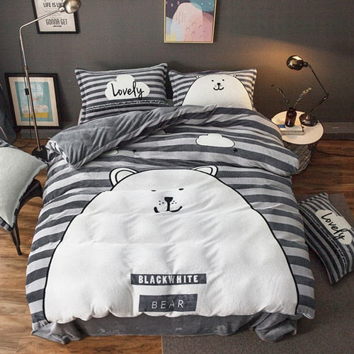 Luxury Bedding Set Flannel Cartoon Pink Cat Duvet Cover Set Queen Size Bed Linen Valentine Cute Bed Sheet Kids Bedding