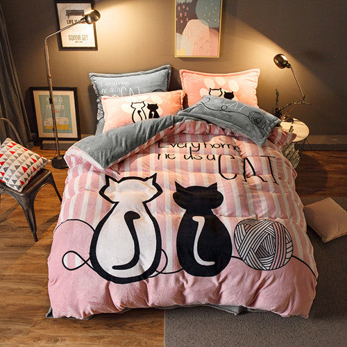 Luxury Bedding Set Flannel Cartoon Pink Cat Duvet Cover Set Queen Size Bed Linen Valentine Cute Bed Sheet Kids Bedding