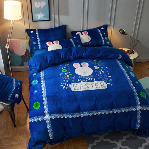 Luxury Bedding Set Flannel Cartoon Pink Cat Duvet Cover Set Queen Size Bed Linen Valentine Cute Bed Sheet Kids Bedding
