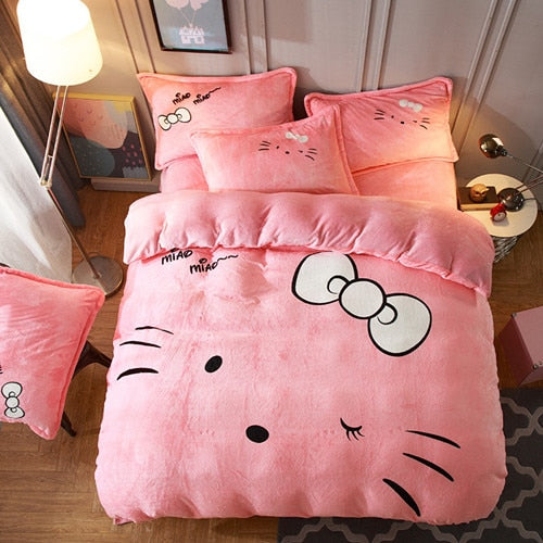 Luxury Bedding Set Flannel Cartoon Pink Cat Duvet Cover Set Queen Size Bed Linen Valentine Cute Bed Sheet Kids Bedding