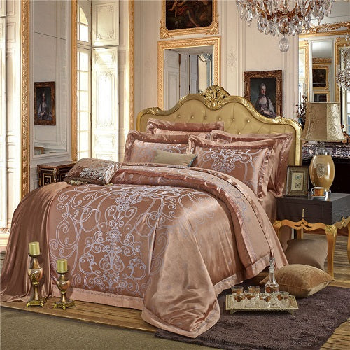 Sliver Gold Luxury Silk Satin Jacquard duvet cover bedding set queen king size Embroidery bed set bed sheet/Fitted sheet set