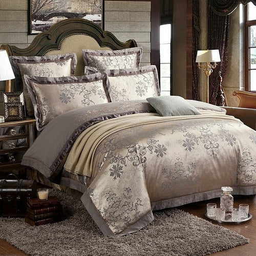 Sliver Gold Luxury Silk Satin Jacquard duvet cover bedding set queen king size Embroidery bed set bed sheet/Fitted sheet set