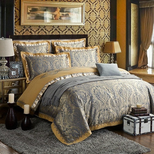 Sliver Gold Luxury Silk Satin Jacquard duvet cover bedding set queen king size Embroidery bed set bed sheet/Fitted sheet set