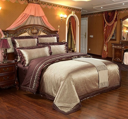 Sliver Gold Luxury Silk Satin Jacquard duvet cover bedding set queen king size Embroidery bed set bed sheet/Fitted sheet set