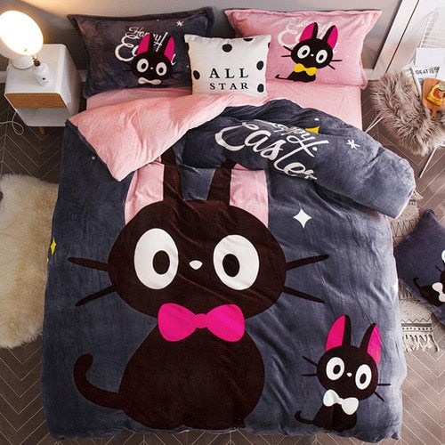 Luxury Bedding Set Flannel Cartoon Pink Cat Duvet Cover Set Queen Size Bed Linen Valentine Cute Bed Sheet Kids Bedding