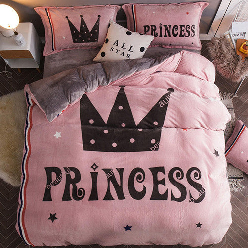 Luxury Bedding Set Flannel Cartoon Pink Cat Duvet Cover Set Queen Size Bed Linen Valentine Cute Bed Sheet Kids Bedding