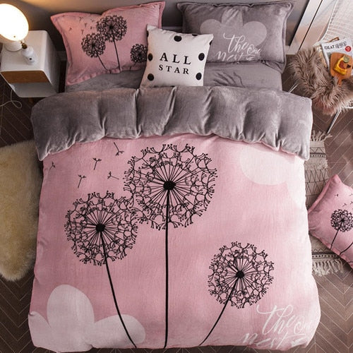 Luxury Bedding Set Flannel Cartoon Pink Cat Duvet Cover Set Queen Size Bed Linen Valentine Cute Bed Sheet Kids Bedding