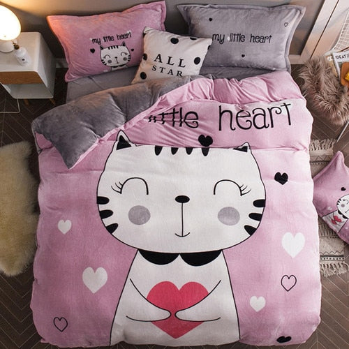 Luxury Bedding Set Flannel Cartoon Pink Cat Duvet Cover Set Queen Size Bed Linen Valentine Cute Bed Sheet Kids Bedding