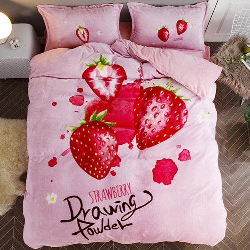 Luxury Bedding Set Flannel Cartoon Pink Cat Duvet Cover Set Queen Size Bed Linen Valentine Cute Bed Sheet Kids Bedding