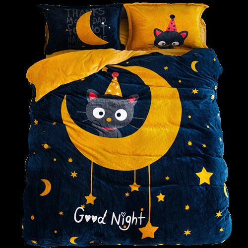 Luxury Bedding Set Flannel Cartoon Pink Cat Duvet Cover Set Queen Size Bed Linen Valentine Cute Bed Sheet Kids Bedding