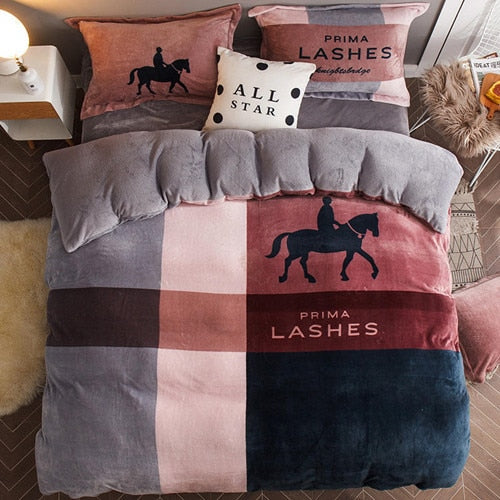 Luxury Bedding Set Flannel Cartoon Pink Cat Duvet Cover Set Queen Size Bed Linen Valentine Cute Bed Sheet Kids Bedding