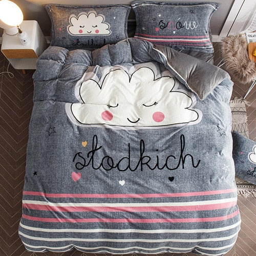 Luxury Bedding Set Flannel Cartoon Pink Cat Duvet Cover Set Queen Size Bed Linen Valentine Cute Bed Sheet Kids Bedding